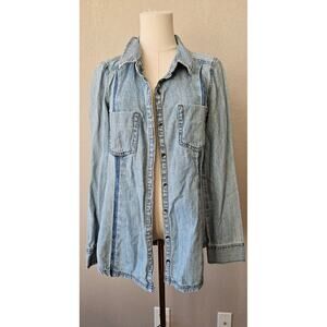 DKNY Women's Y2K Long Sleeve Destructed‎ Button Down Denim Top Shirt Size L Blue